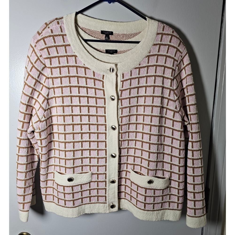Talbots Plus Petite Pink Grid Cotton Cardigan & Shell Sweater Set Womens 3XP